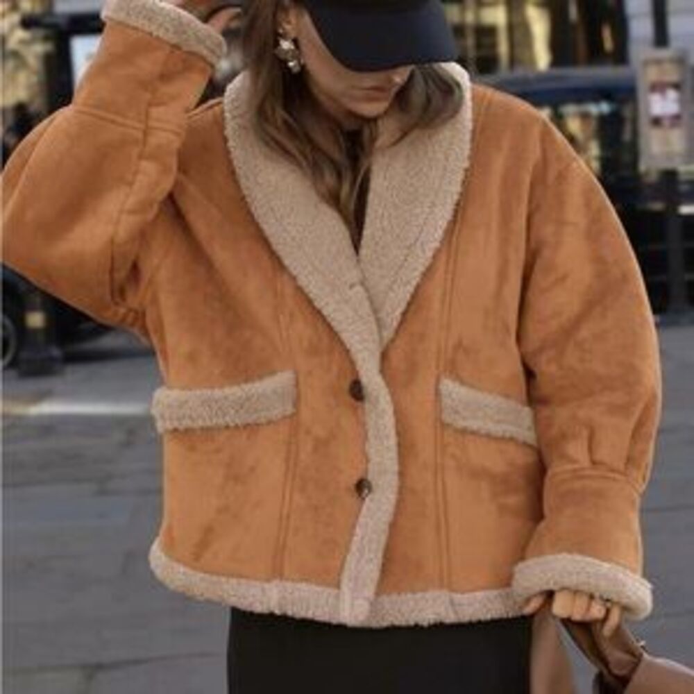 Cozy Tan Shearling Jacket thick faux suede winter warm coat - Picture 2 of 5